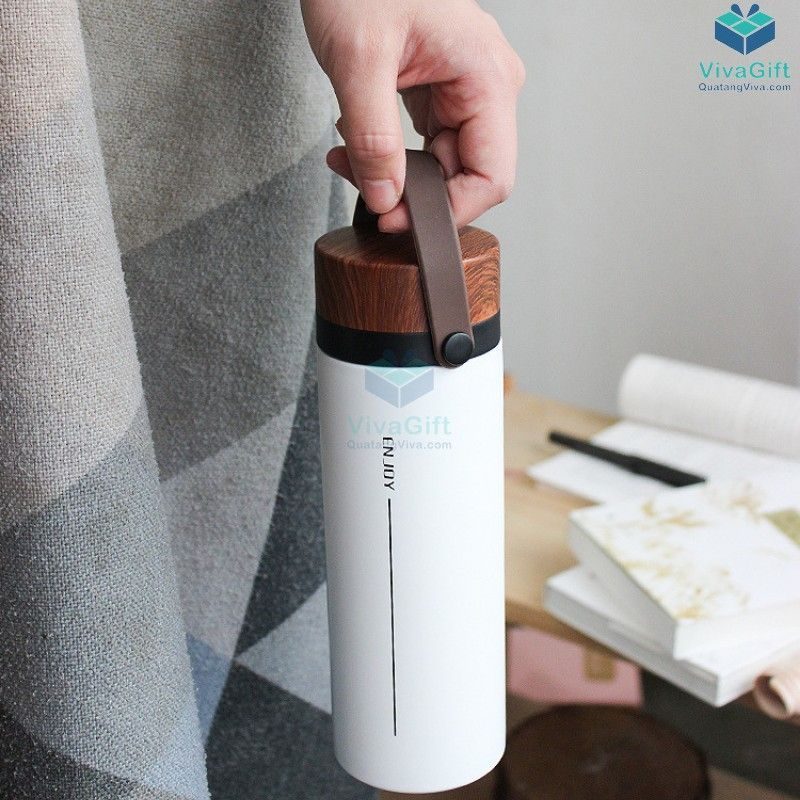 Bình Giữ Nhiệt Nắp Vân Gỗ Có Quai 500ml Q087 khắc tên theo yêu cầu