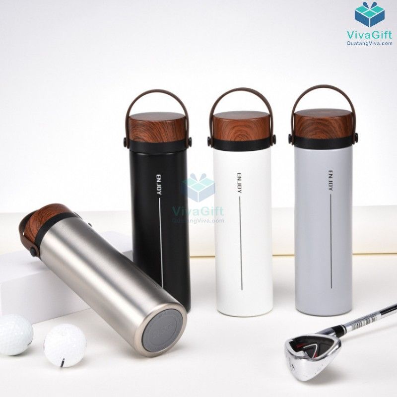 Bình Giữ Nhiệt Nắp Vân Gỗ Có Quai 500ml Q087 khắc tên theo yêu cầu