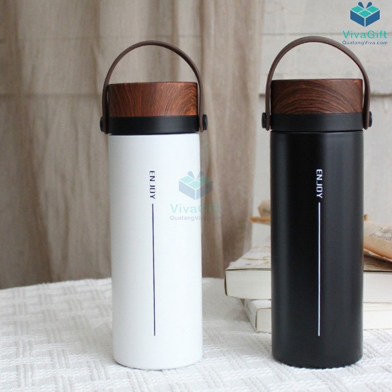 Bình Giữ Nhiệt Nắp Vân Gỗ Có Quai 500ml Q087 khắc tên theo yêu cầu