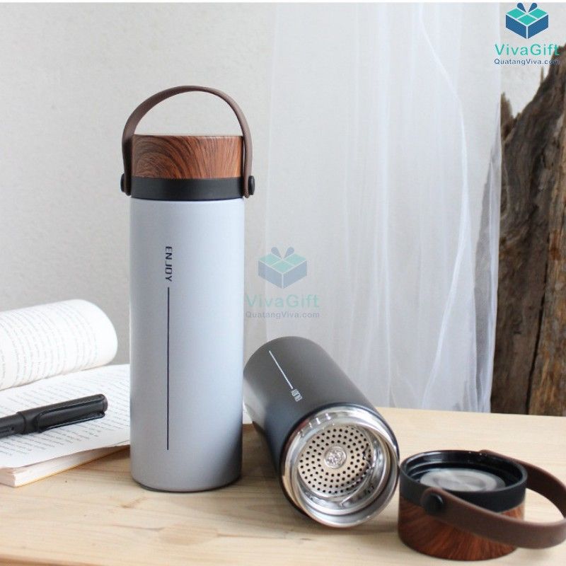Bình Giữ Nhiệt Nắp Vân Gỗ Có Quai 500ml Q087 khắc logo theo yêu cầu