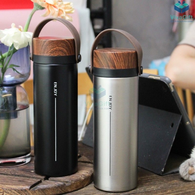 Bình Giữ Nhiệt Nắp Vân Gỗ Có Quai 500ml Q087 khắc theo yêu cầu