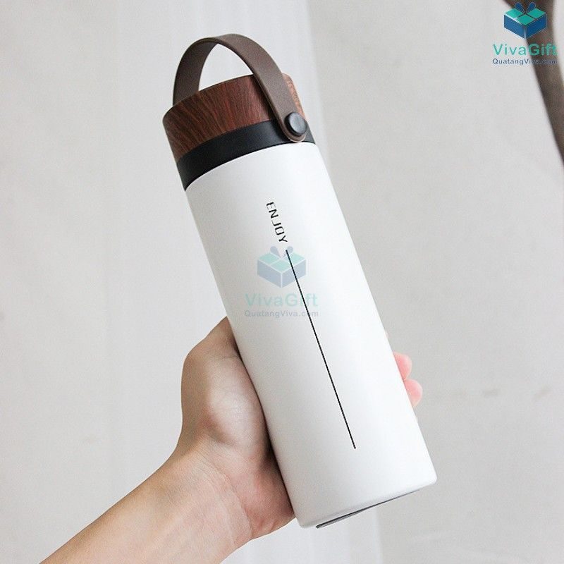 Bình Giữ Nhiệt Nắp Vân Gỗ Có Quai 500ml Q087 khắc tên theo yêu cầu