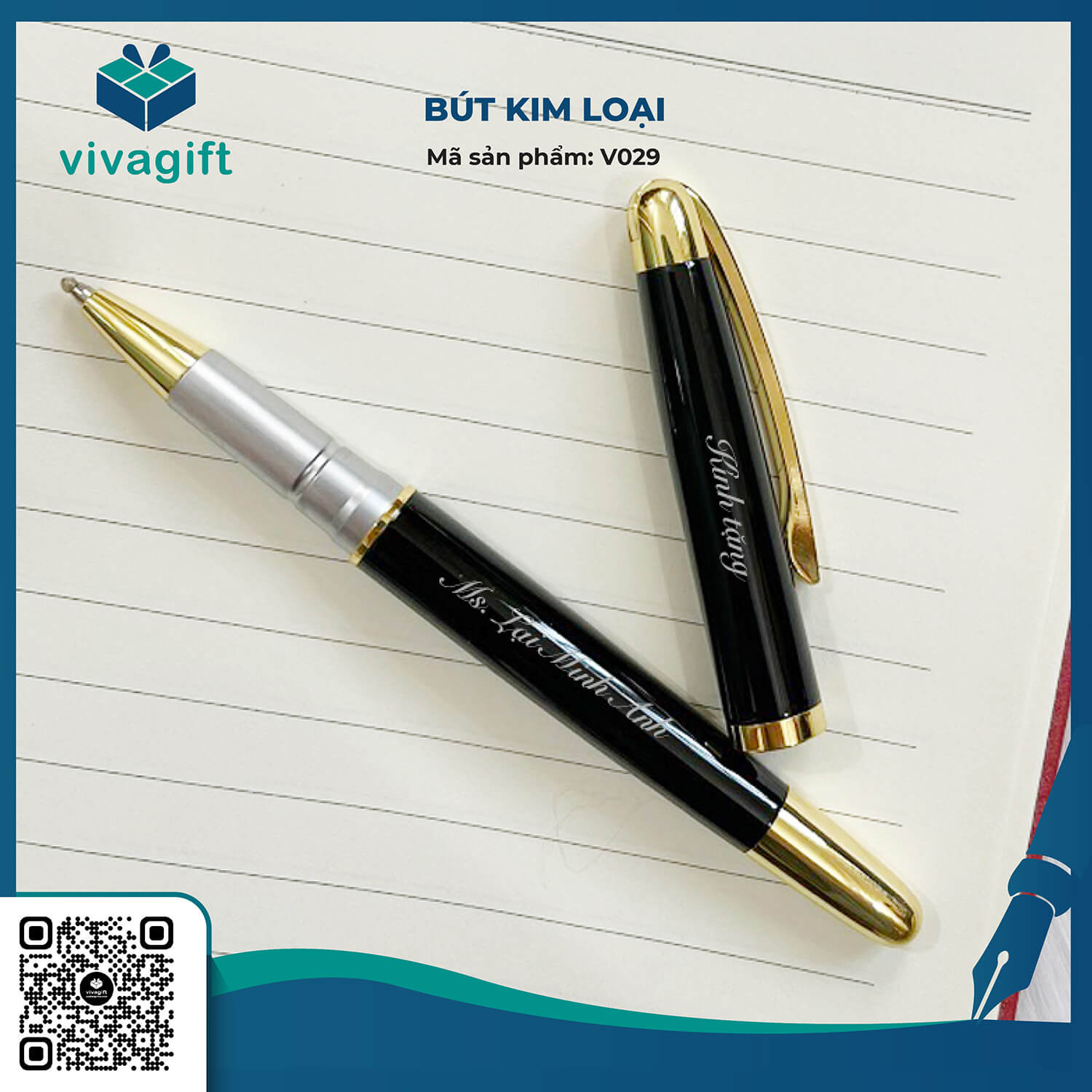 Bút Bi Kim Loại Nắp Đậy Khắc Tên V029 - Quà Tặng Viva