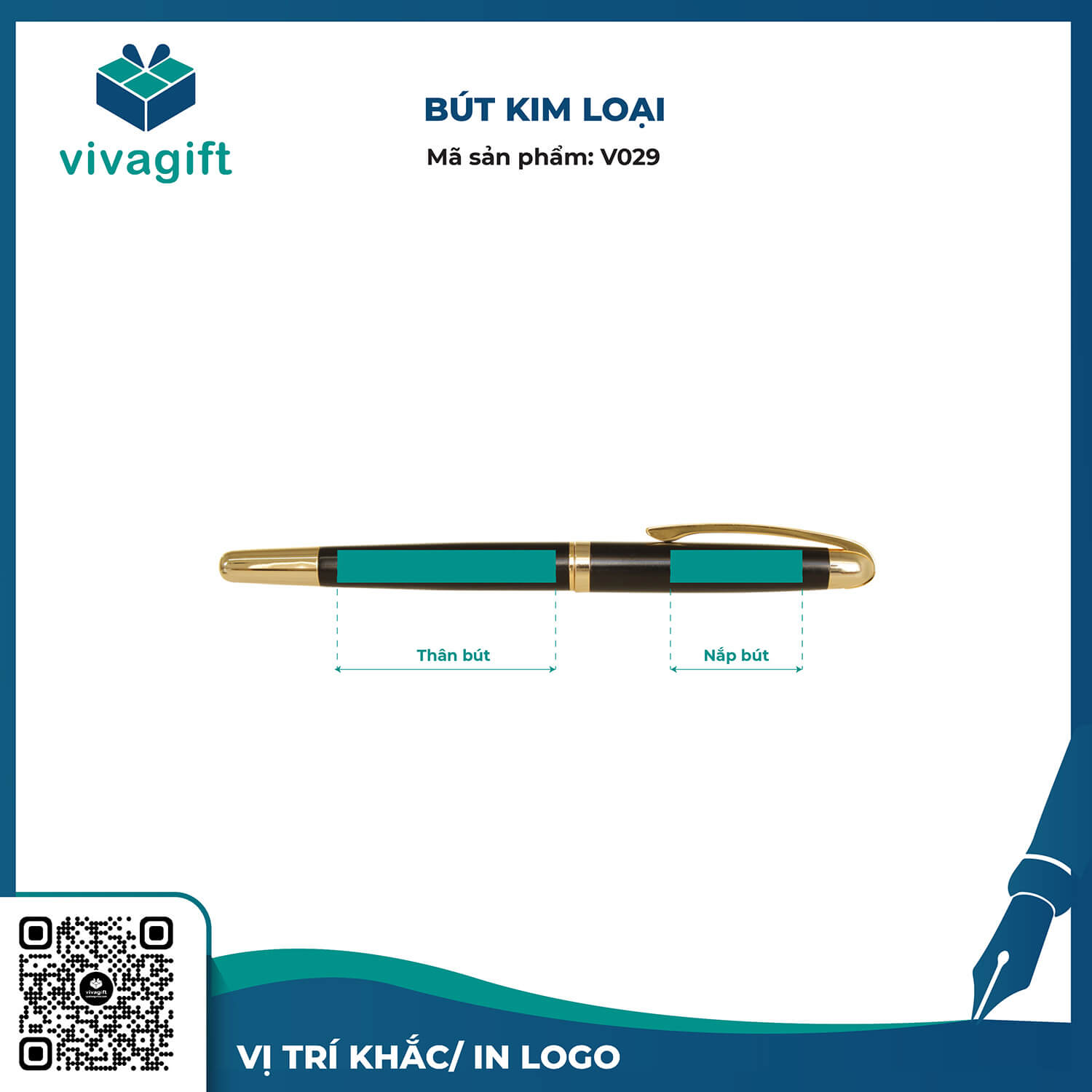 Bút Bi Kim Loại Nắp Đậy Khắc Tên V029 - Quà Tặng Viva