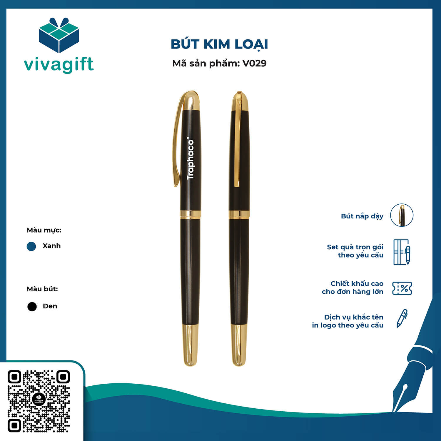 Bút Bi Kim Loại Nắp Đậy Khắc Tên V029 - Quà Tặng Viva
