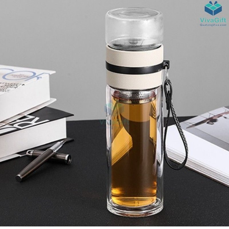 Bình Nước Thuỷ Tinh Pha Trà Có Lõi Lọc Trà 350ml Q298 in logo