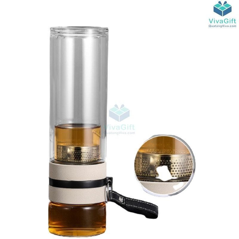 Bình Nước Thuỷ Tinh Pha Trà Có Lõi Lọc Trà 350ml Q298 in logo