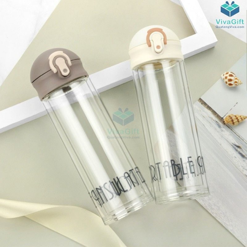 Bình Nước Thuỷ Tinh Nắp Bật 330ml Q094 in logo, tên