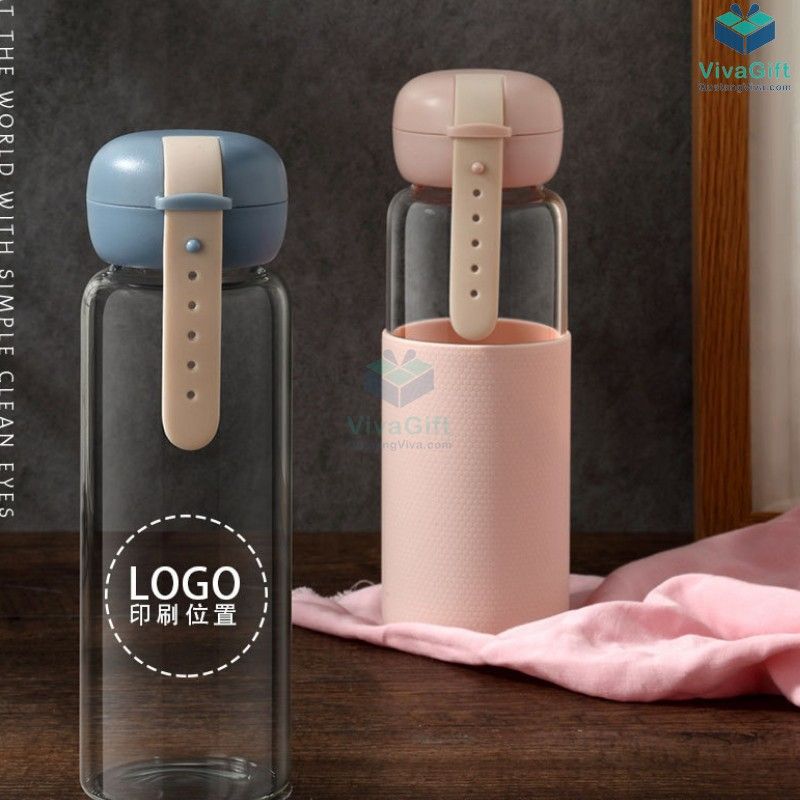 Bình Thuỷ Tinh Vỏ Silicon 350ml Q084 in logo làm quà tặng doanh nghiệp
