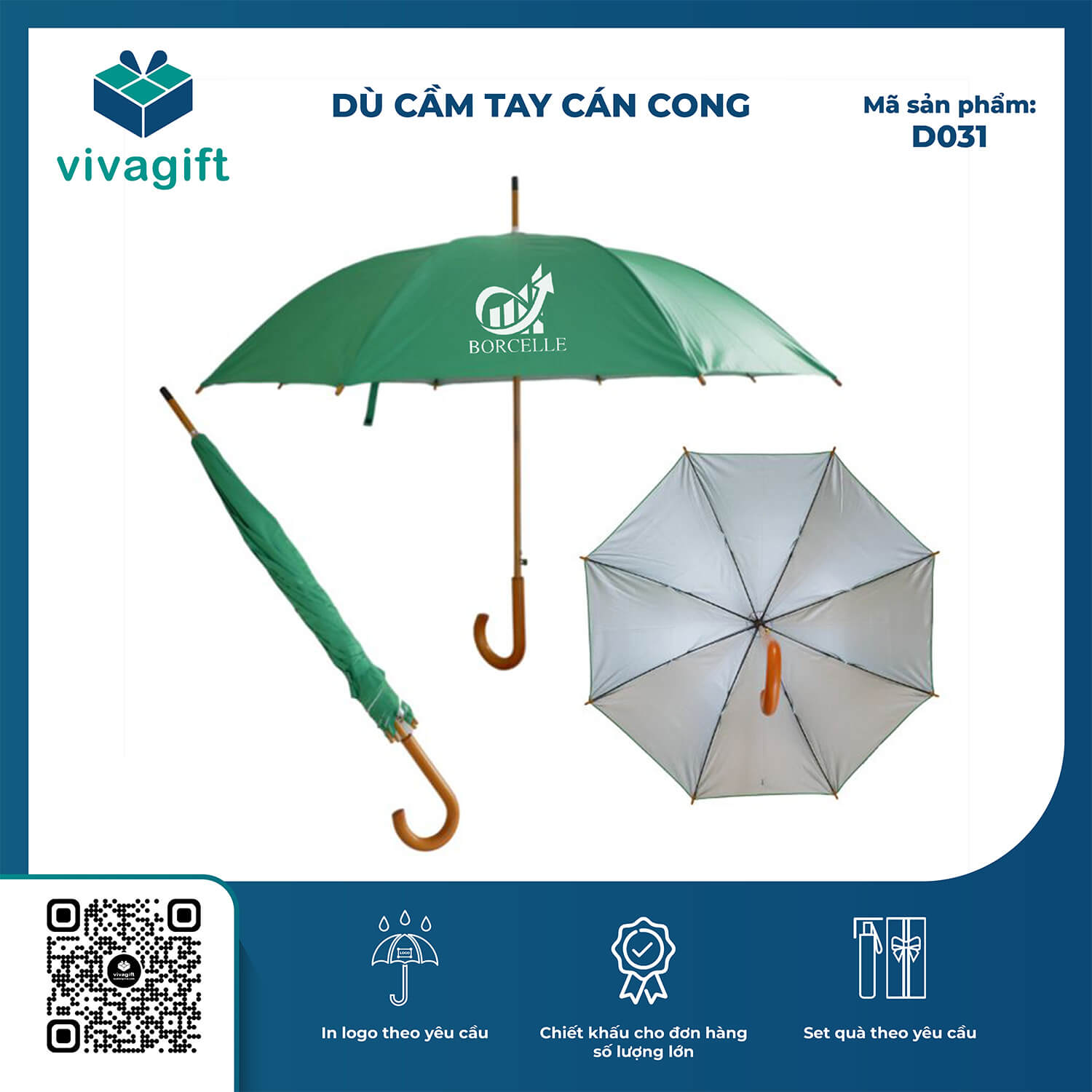 Dù Cầm Tay Cán Gỗ Cong Bán Kính 60cm D031 - Quà Tặng Viva