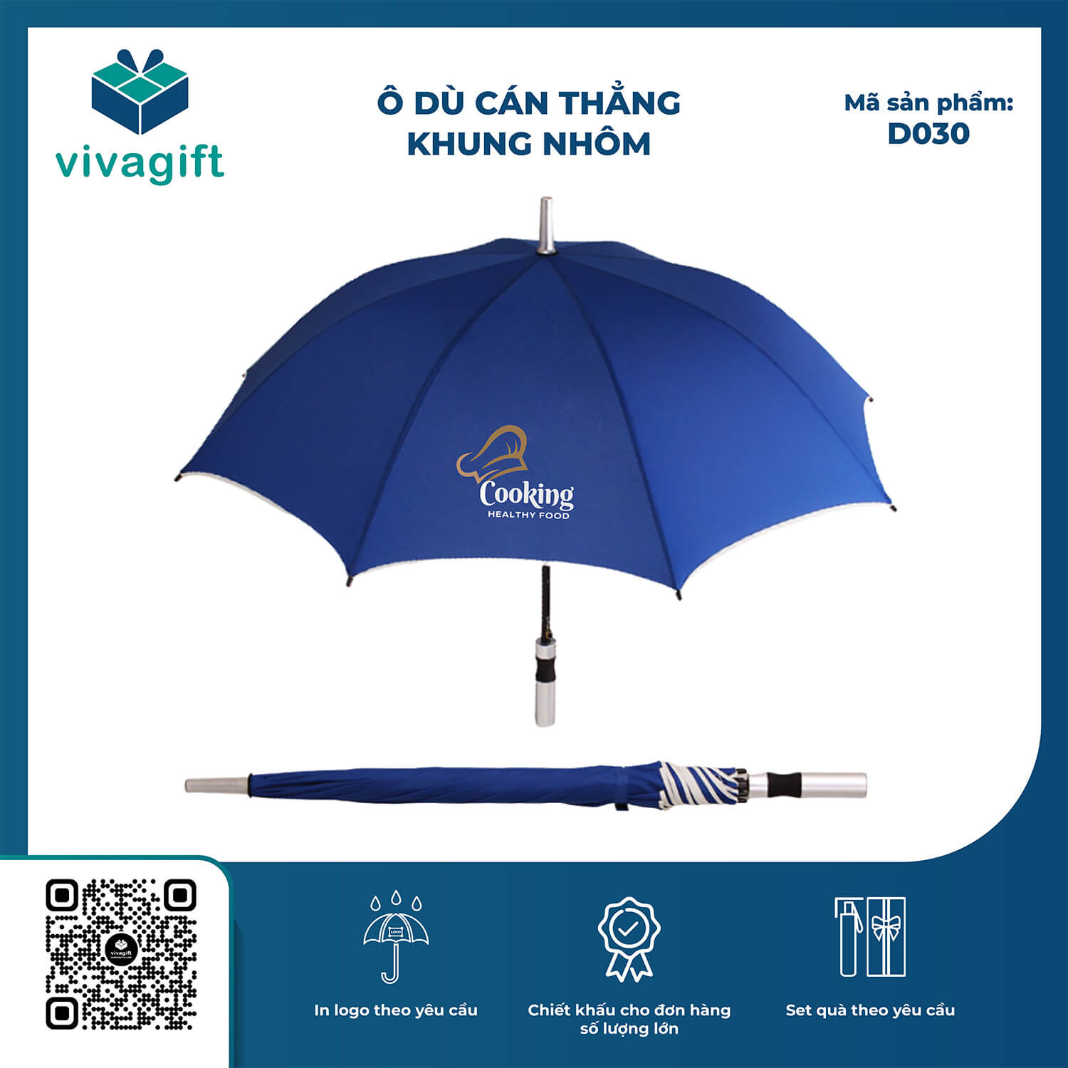 Ô Dù Cầm Tay Cán Thẳng Khung Nhôm Bán Kính 70cm D030 - Quà Tặng Viva