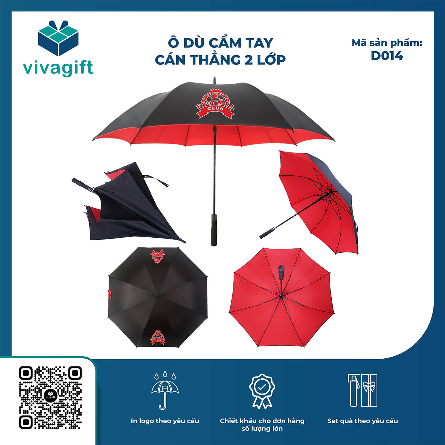 Ô Dù Cầm Tay Cán Thẳng Cán Mút 2 Lớp D014 - Quà Tặng Viva