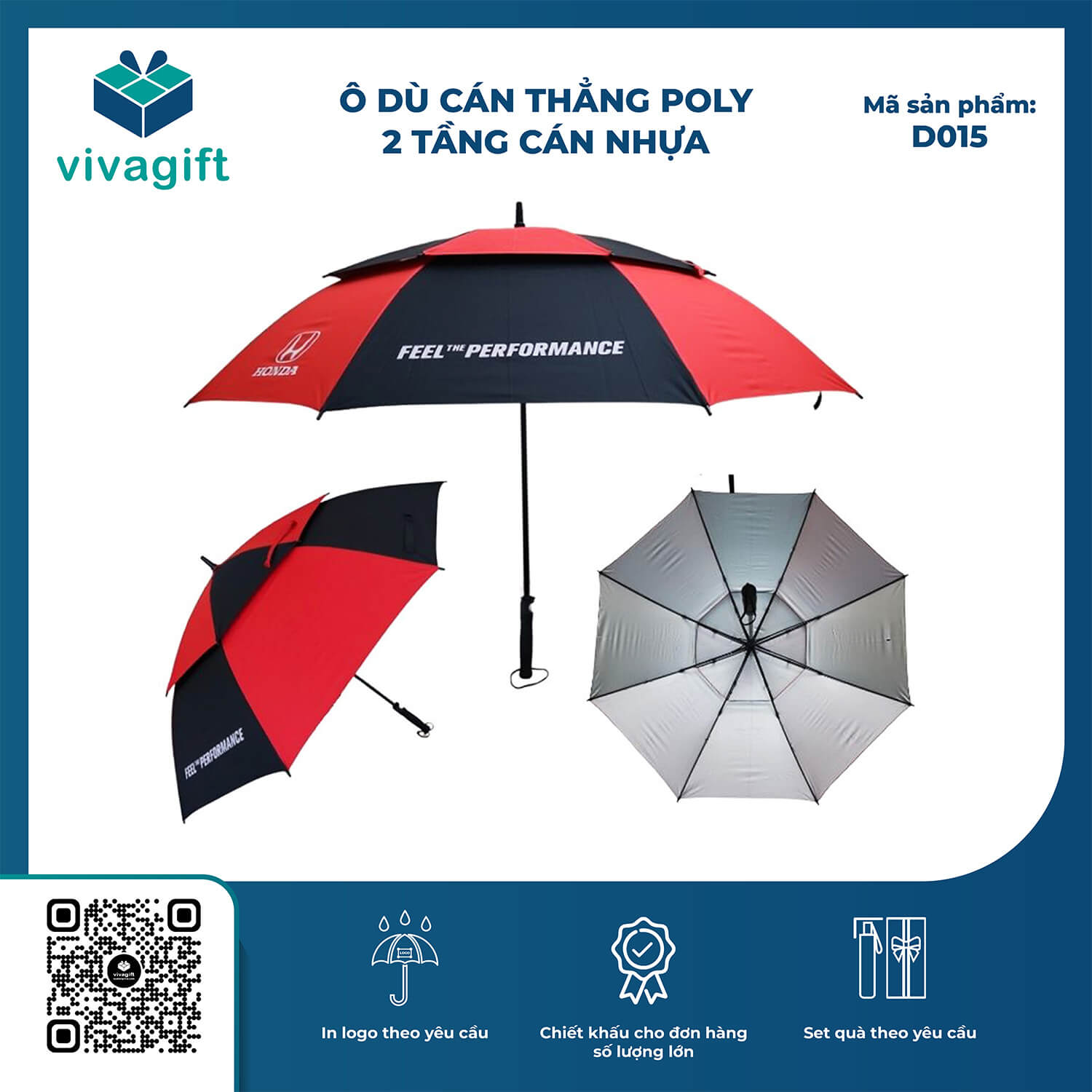 Ô Dù Cán Thẳng Poly 2 Tầng Cán Nhựa Bán Kính 75cm D015 - Quà tặng Viva