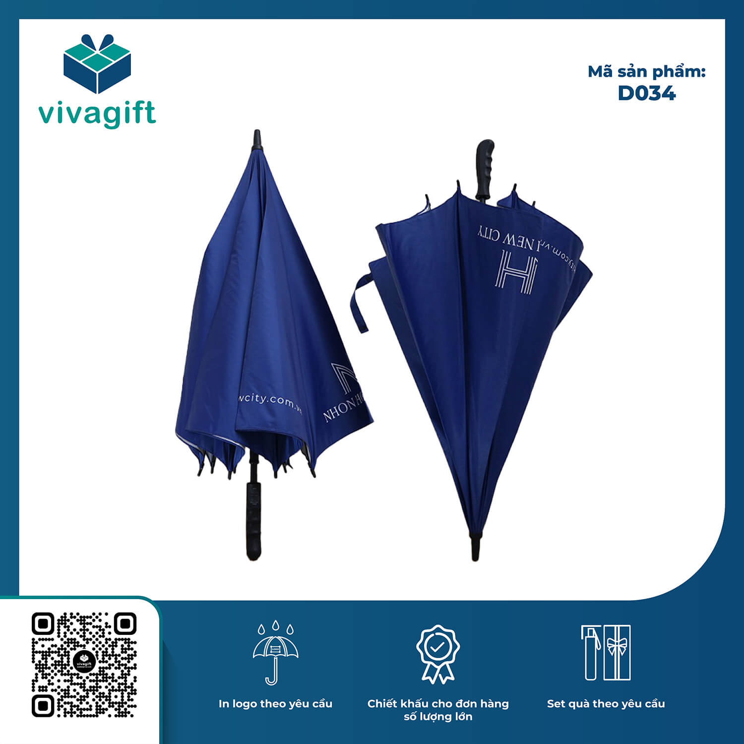 Ô Dù Cầm Tay Cán Thẳng Khung Sắt Cán Nhựa D034 Bán Kính 70cm - Quà Tặng Viva