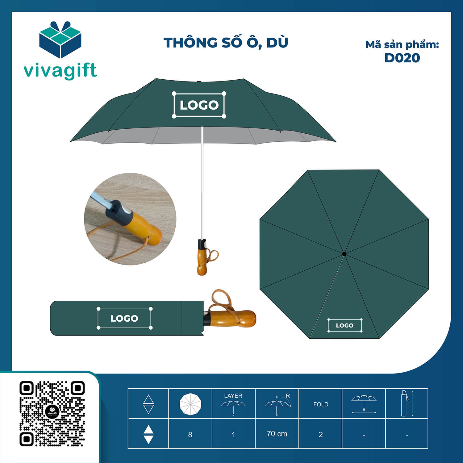 Ô Dù Cầm Tay Gấp 2 Tự Động 1 Chiều Bán Kính 70cm D020 Cán Gỗ - Quatangviva.com