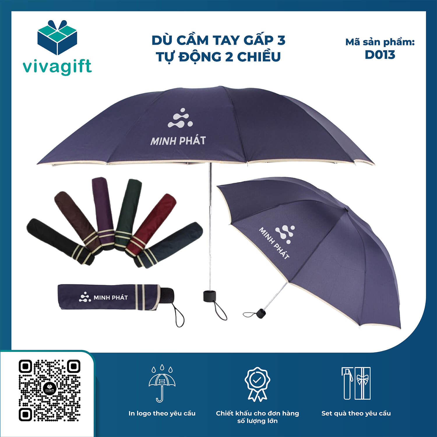 Ô Dù Cầm Tay Gấp 3 Tự Đẩy R=56cm D013 - Quà Tặng Viva