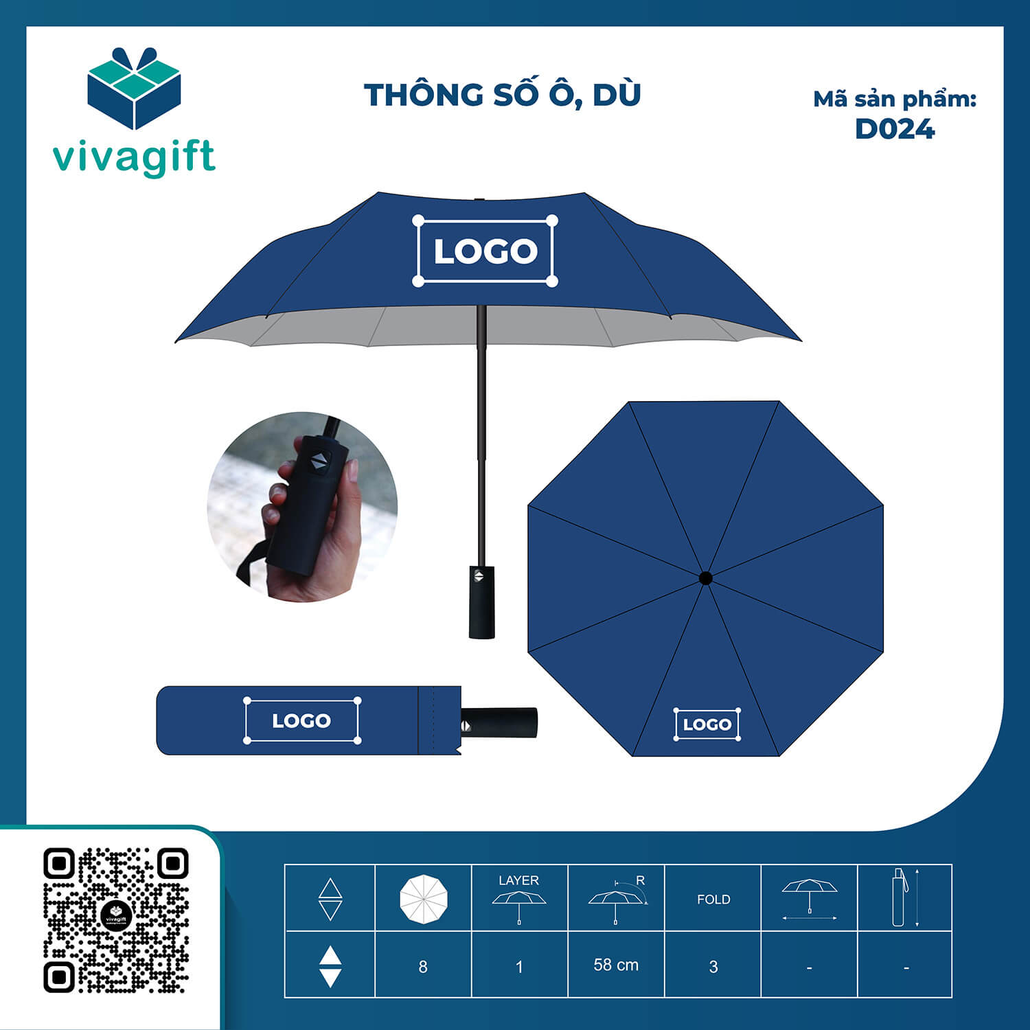 Ô Dù Cầm Tay Gấp 3 Tự Động 2 Chiều 8 Kèo D024 - Quatangviva.com