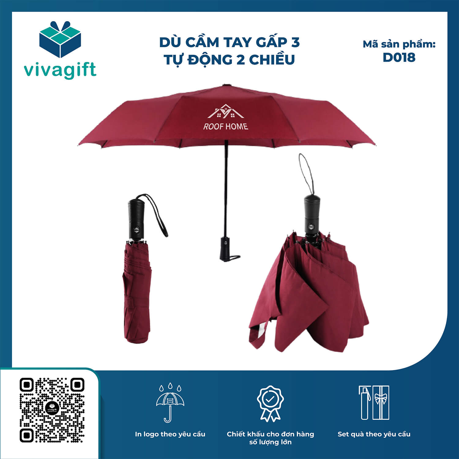 Dù Cầm Tay Gấp 3 Tự Động 2 Chiều 8 Kèo R=58cm D018 - Quà Tặng Viva