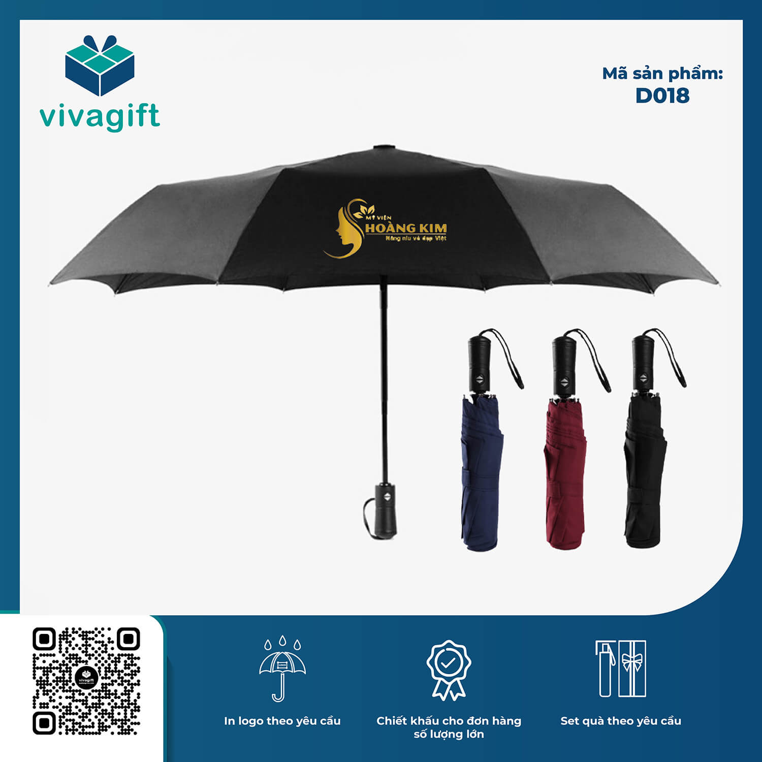 Dù Cầm Tay Gấp 3 Tự Động 2 Chiều 8 Kèo R=58cm D018 - Quà Tặng Viva