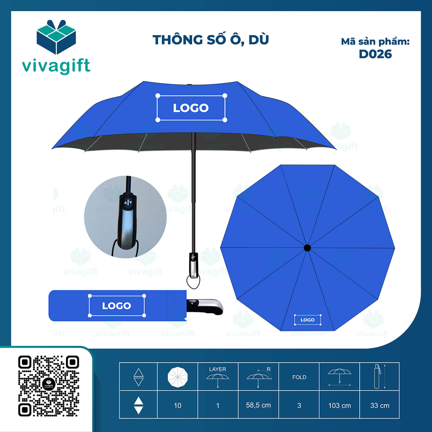 Dù Cầm Tay Gấp 3 Tự Động 2 Chiều 10 Kèo R=58,5cm D026 - Quatangviva.com