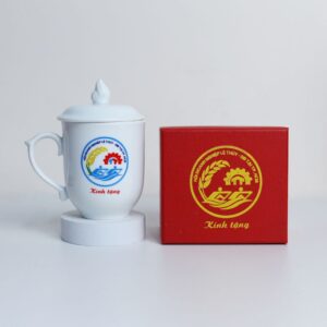 Ly Sứ Bát Tràng Trắng Có Nắp Ngọn Lửa LS102 In Logo - Quà tặng Viva