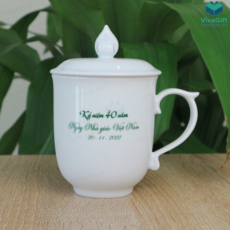 Ly Sứ Trắng Có Nắp Ngọn Lửa Bát Tràng LS102 In Logo 1