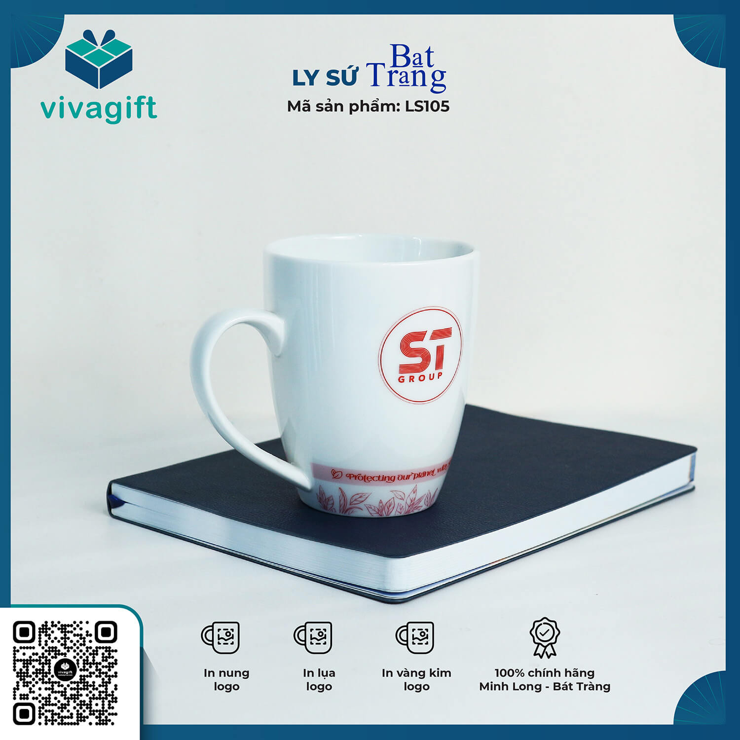 Ly Sứ Trắng Thóp S2 Bát Tràng In Logo LS105 - Quà tặng Viva
