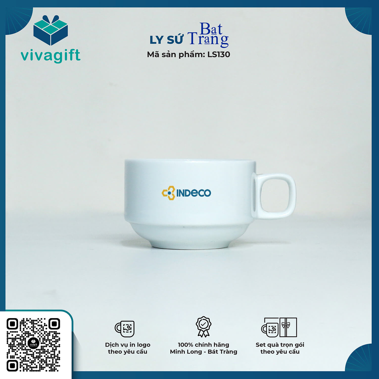 Bộ Ly Sứ Trắng Cafe Vuông In Logo Theo Yêu Cầu LS130 - Quà Tặng Viva