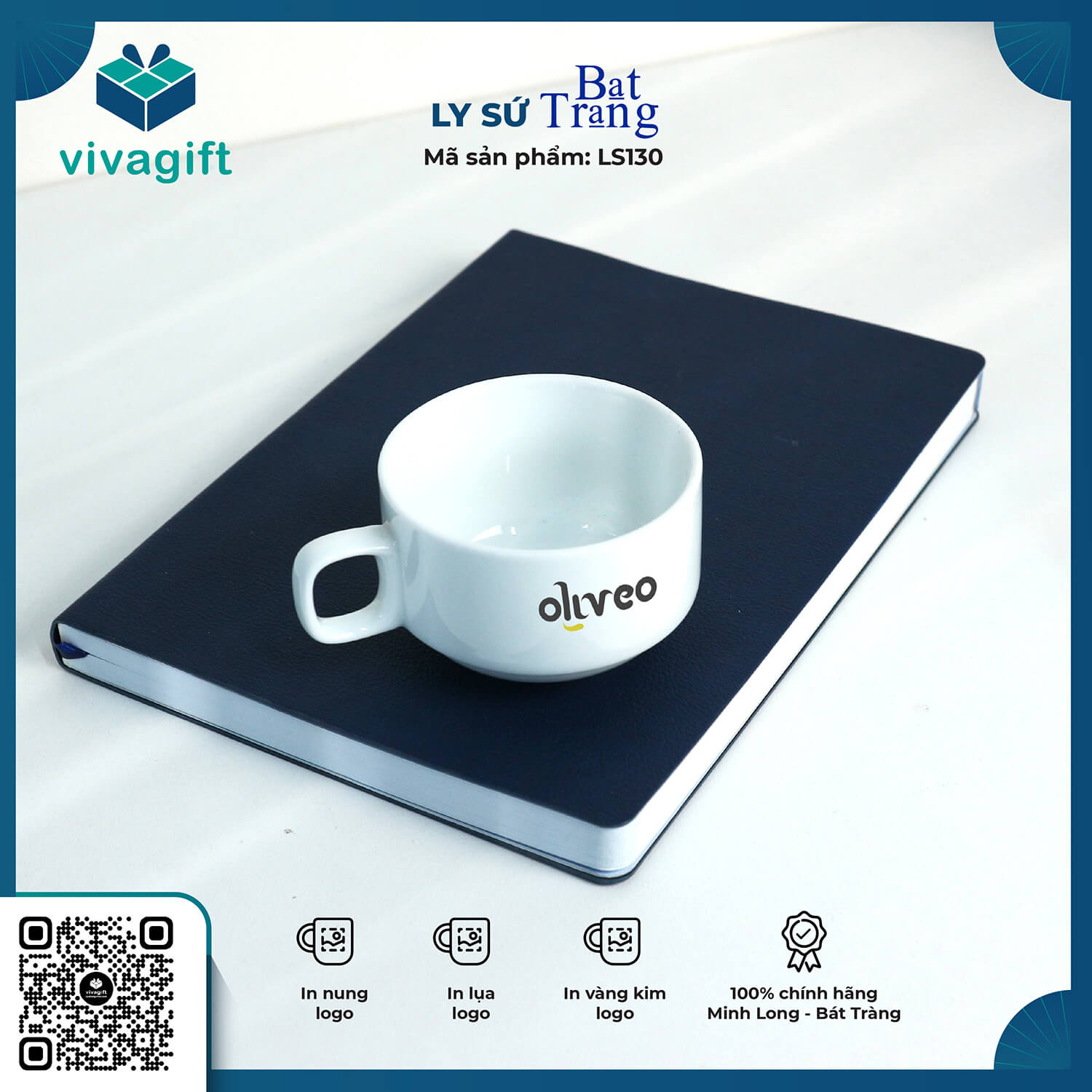 Bộ Ly Sứ Trắng Cafe Vuông In Logo Theo Yêu Cầu LS130 - Quà Tặng Viva