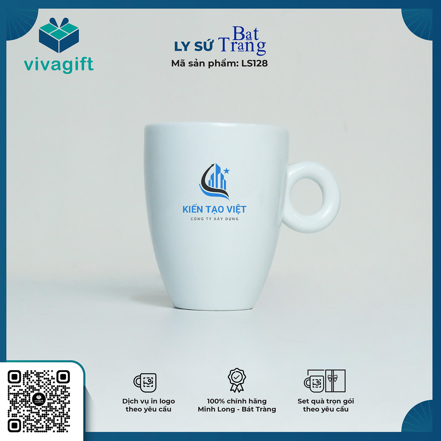 Ly Sứ Trắng Quai Tròn In Logo Theo Yêu Cầu LS128 - Quà Tặng Viva