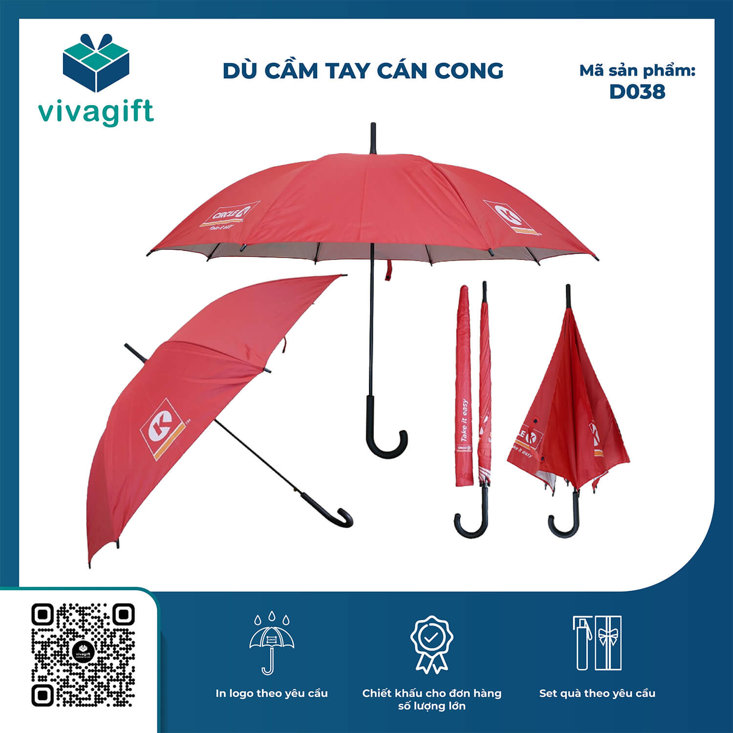 Dù Cầm Tay Cán Cong Bán Kính 60cm Cán Nhựa D038 - Quà Tặng Viva