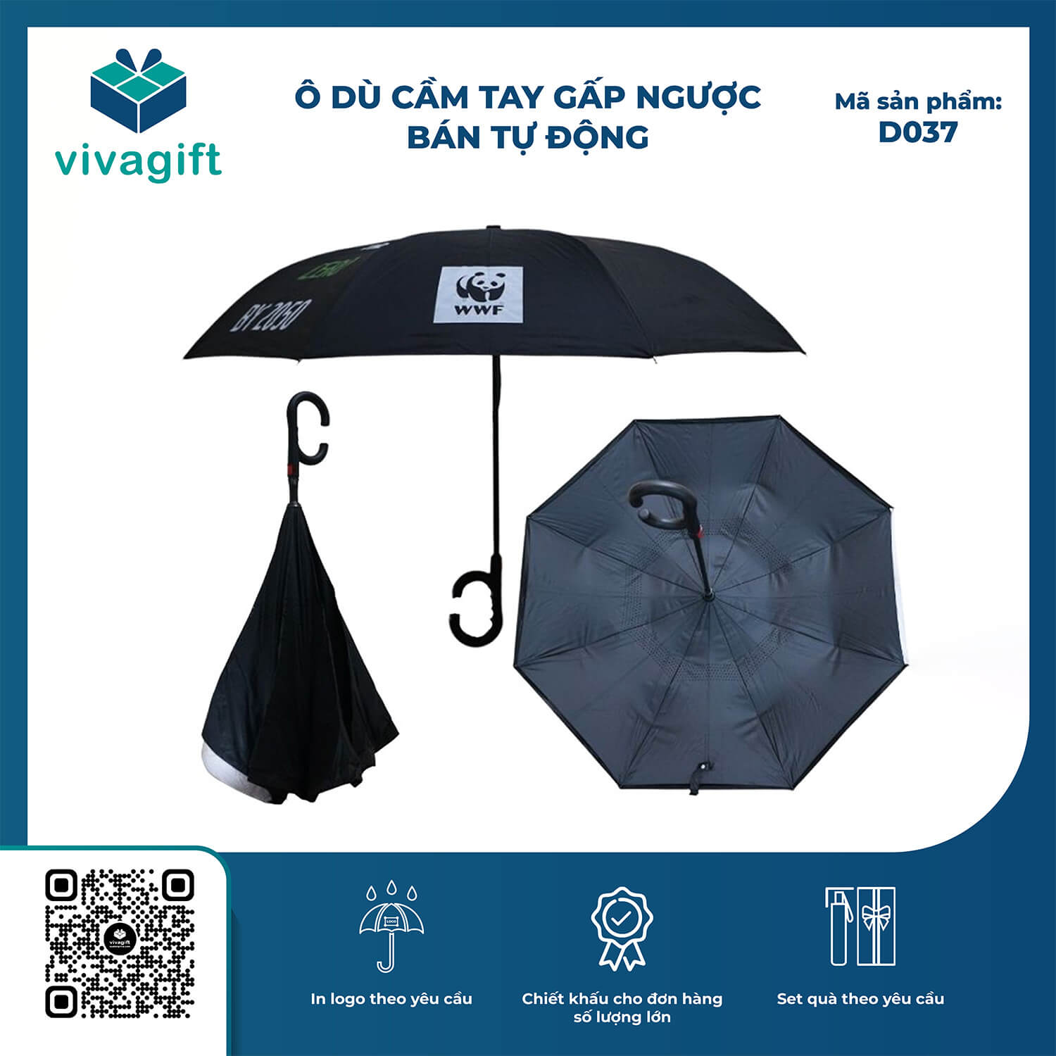 Ô Dù Cầm Tay Gấp Ngược D037 - Quà Tặng Viva
