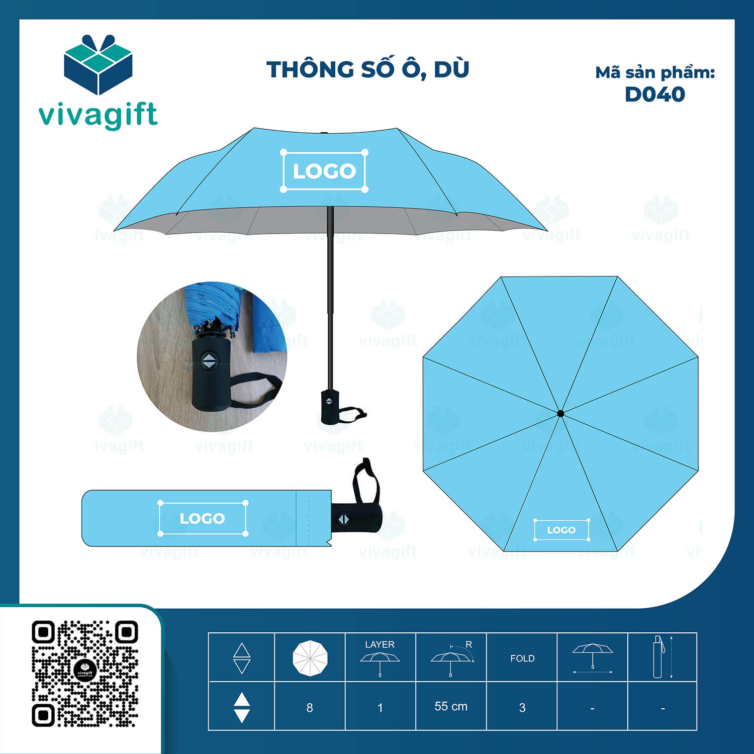 Ô cầm tay gấp 3 tự động 2 chiều quà tặng R=55cm D040 - Quatangviva.com