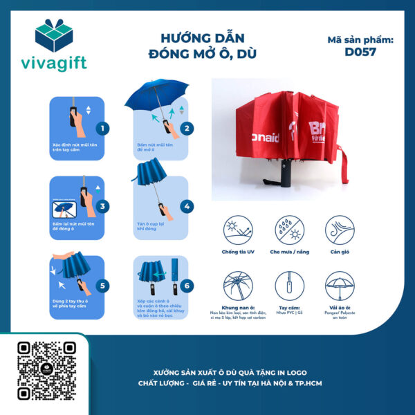Ô Dù Gấp 3 Tự Động 2 Chiều 10 Kèo R=58cm (Có Vân Sọc) D057 - Quatangviva.com