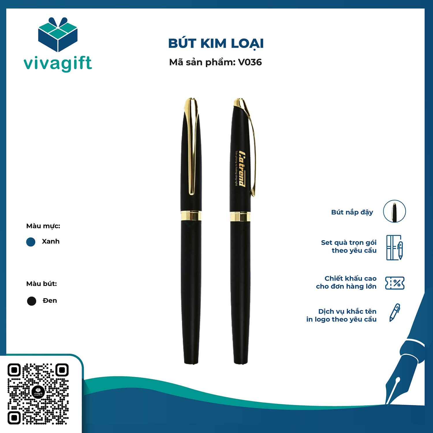 Bút Bi Kim Loại Nắp Đậy Khắc Tên V036 - Quà Tặng Viva