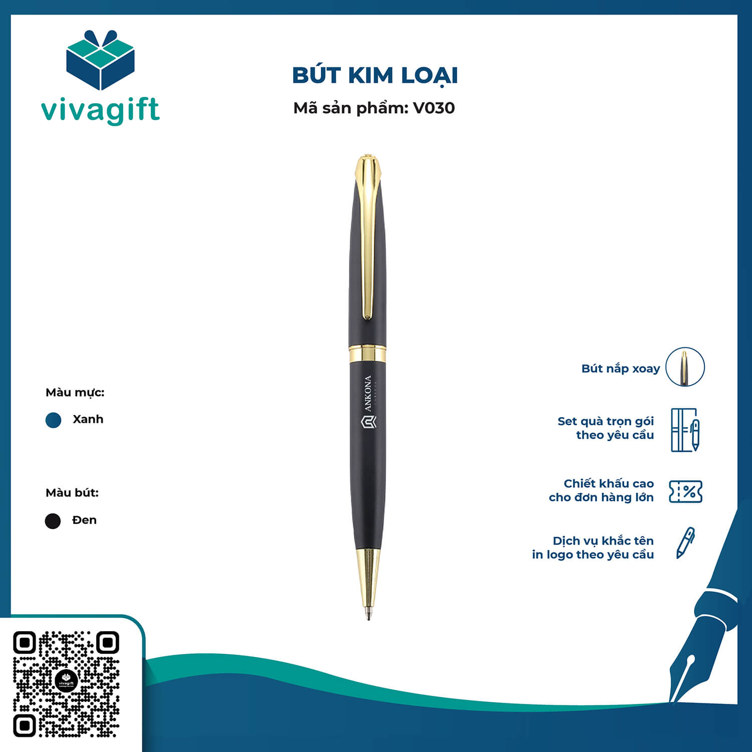 Bút Kim Loại Xoay V030 Làm Quà Tặng - Quà Tặng Viva