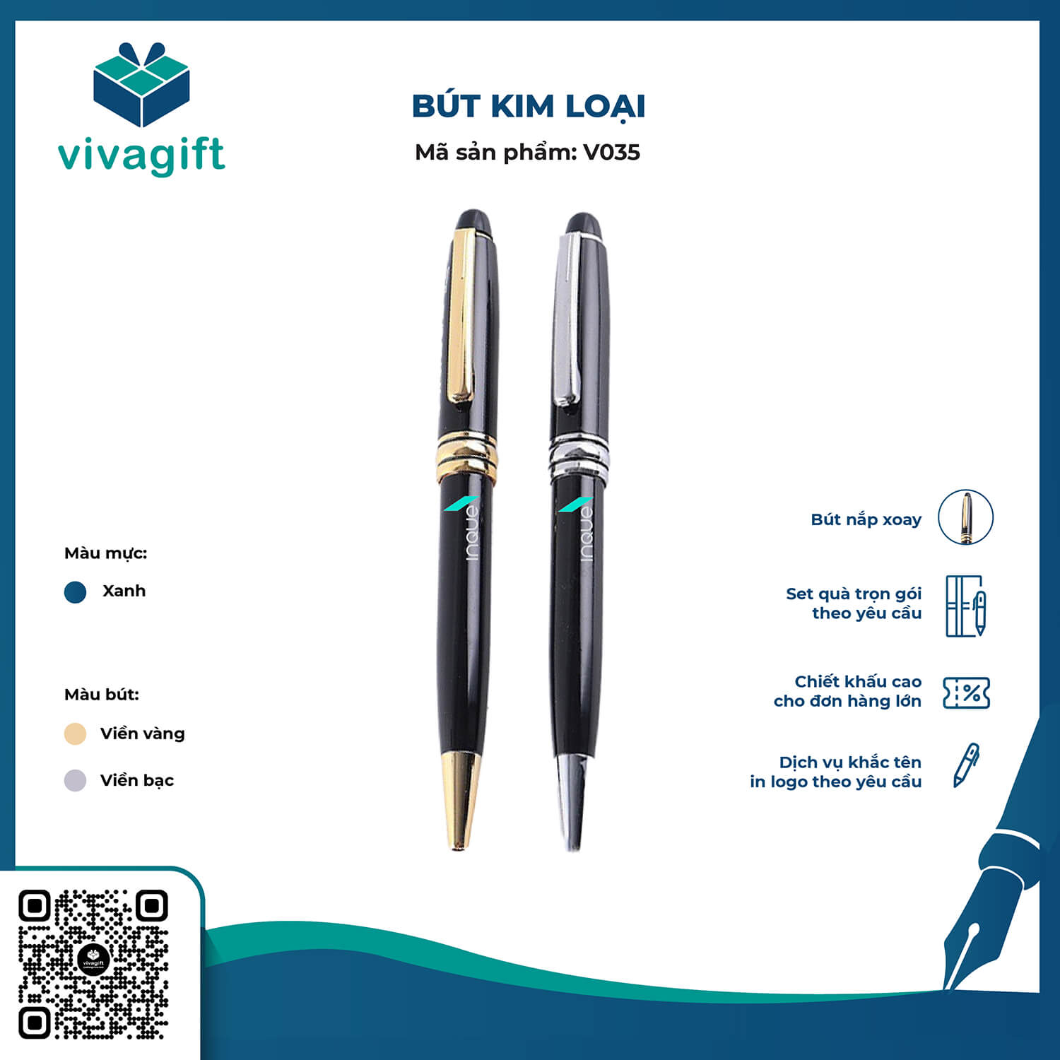 Bút Bi Kim Loại Xoay V035 - Quà Tặng Viva