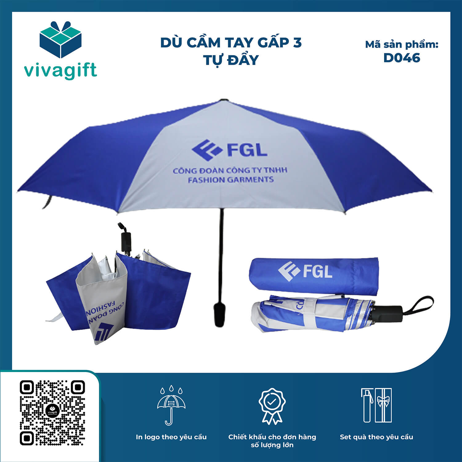 Dù Cầm Tay Gấp 3 Tự Đẩy R=55cm 8 Kèo D046 - Quà Tặng Viva