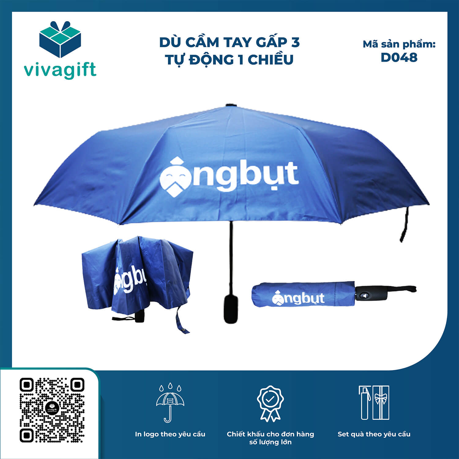 Dù Cầm Tay Gấp 3 Tự Động 1 Chiều R=55cm 8 Kèo D048 - Quà Tặng Viva