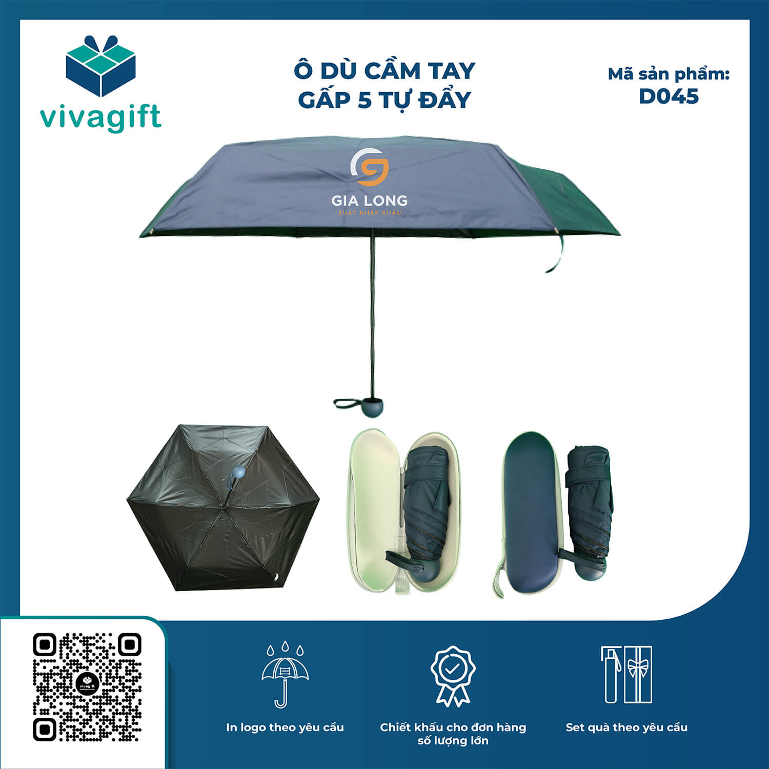Ô Dù Cầm Tay Gấp 5 Tự Đẩy 8 Múi R=53cm D045