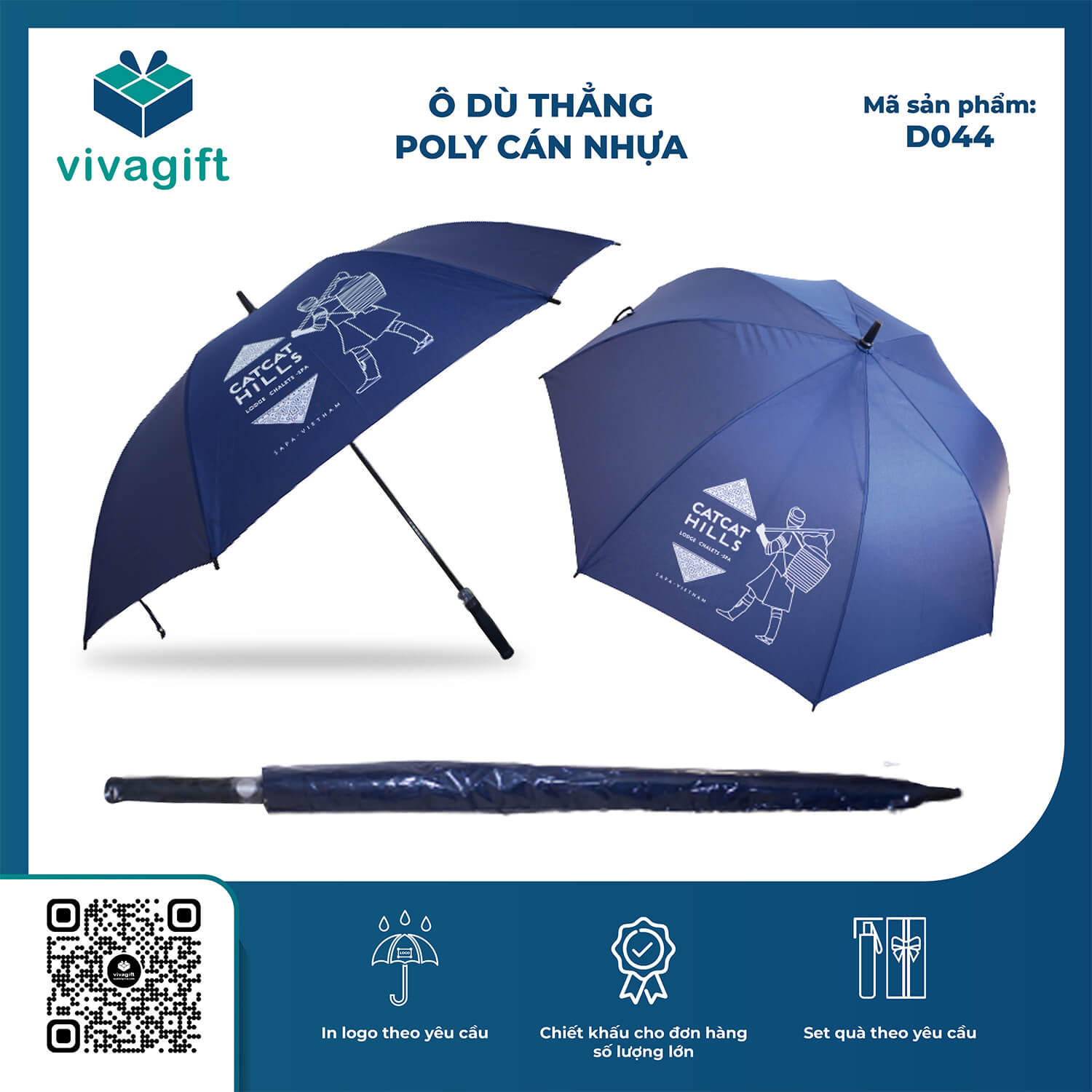 Ô Dù Thẳng Poly Cán Nhựa D044 R=75cm 8 Kèo - Quà Tặng Viva