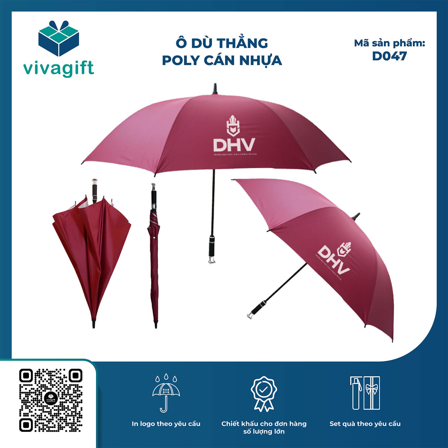 Ô Dù Thẳng Poly Cán Nhựa Mạ Kim D047 R=75cm 8 Kèo - Quà Tặng Viva