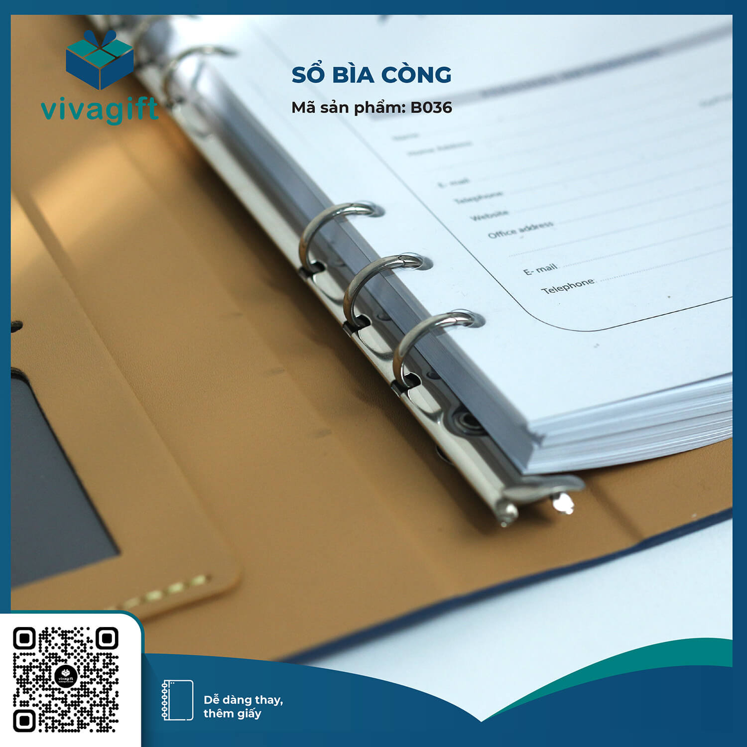 Sổ Tay Bìa Còng Gập 3 B036 Kèm Khoá Nam Châm - Quà Tặng Viva