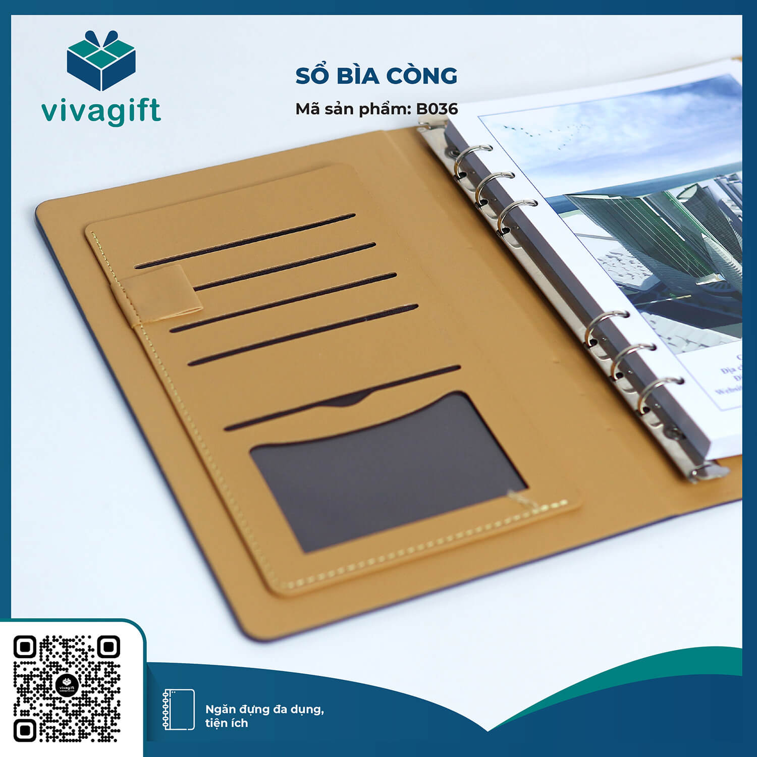 Sổ Tay Bìa Còng Gập 3 B036 Kèm Khoá Nam Châm - Quà Tặng Viva