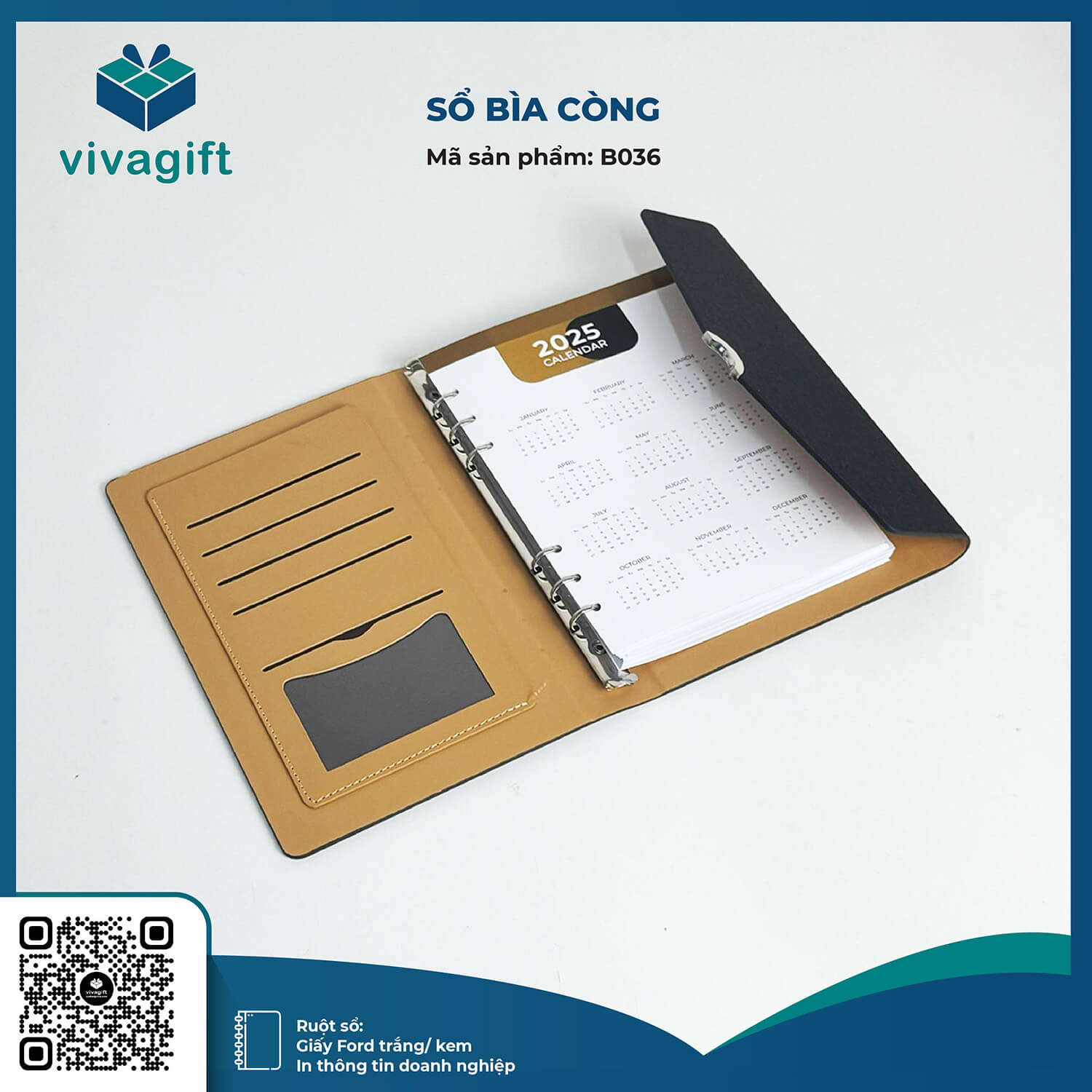 Sổ Tay Bìa Còng Gập 3 B036 Kèm Khoá Nam Châm - Quà Tặng Viva