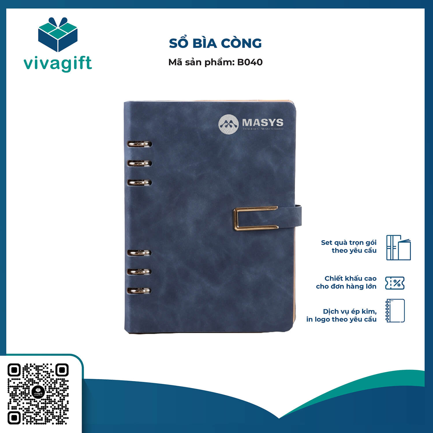Sổ Tay Bìa Còng Gập 2 B040 Kèm Khoá Nam Châm - Quà Tặng Viva