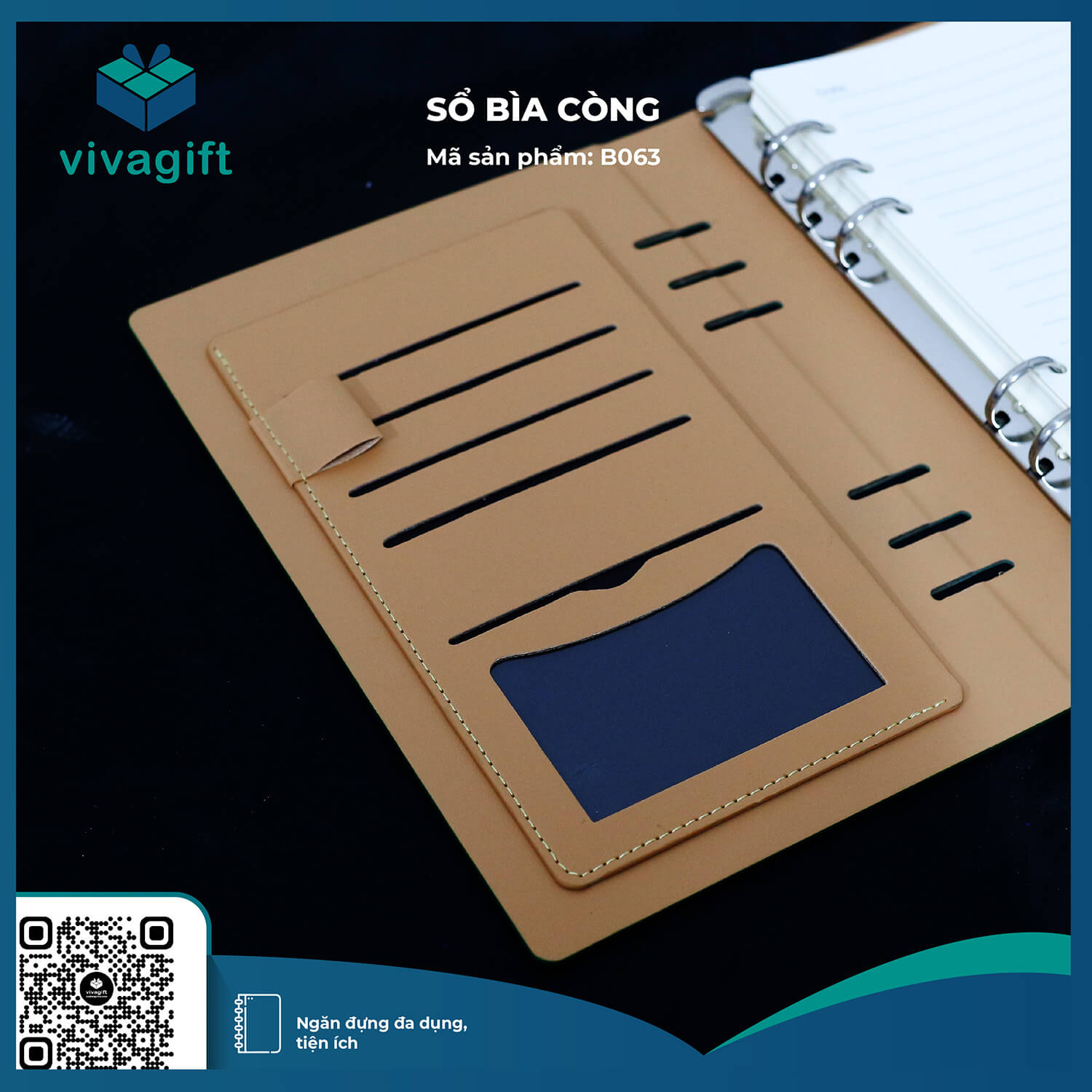 Sổ Tay Bìa Còng Gập 3 B063 Kèm Khoá Nam Châm - Quà Tặng Viva