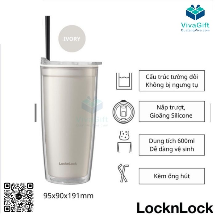 Ly Nhựa 2 Lớp LocknLock Kèm Ống Hút Double Wall Cold Cup 600ml HAP523IVY 1