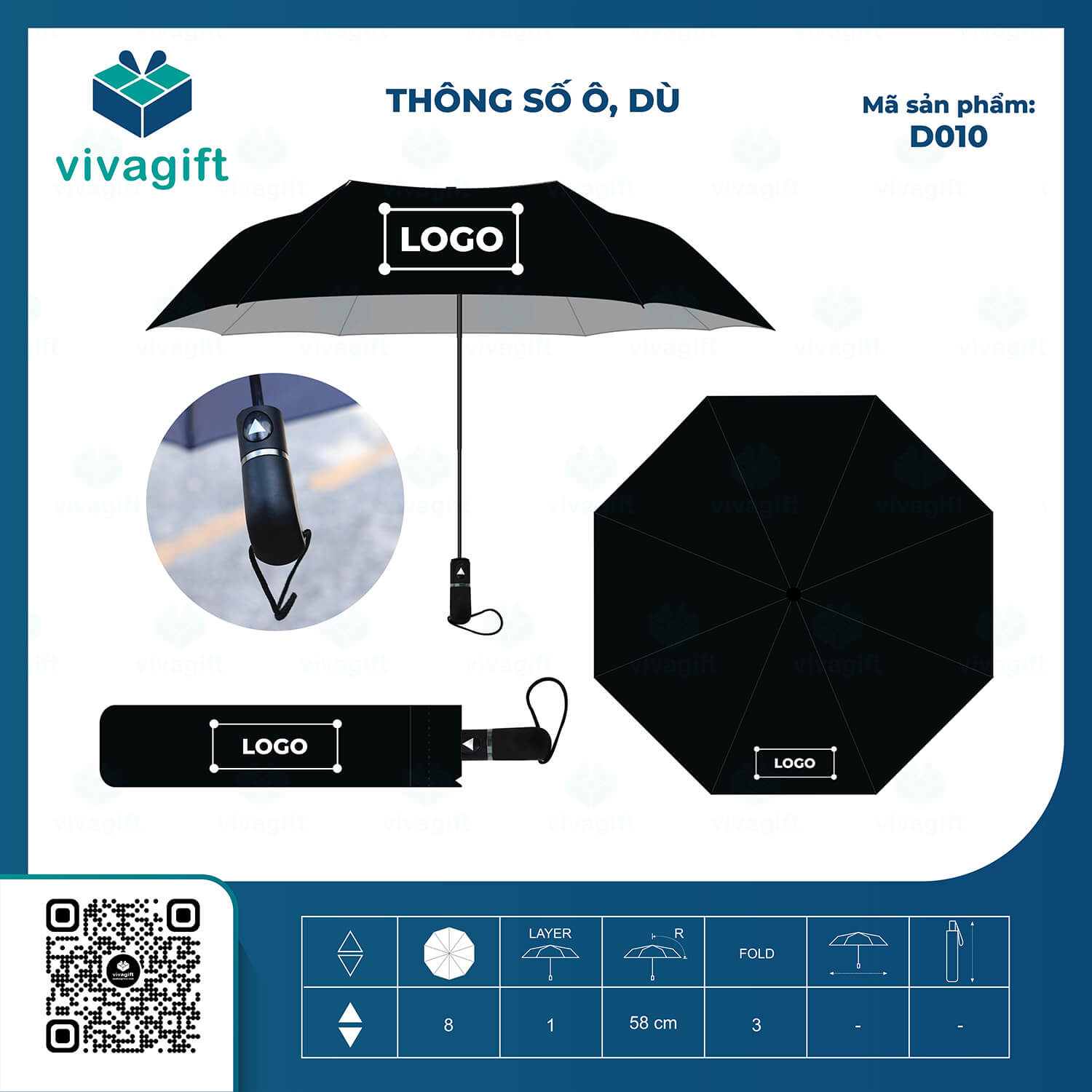 Ô Dù Cầm Tay Gấp 3 Tự Động 1 Chiều D010 R=58cm - Quatangviva.com
