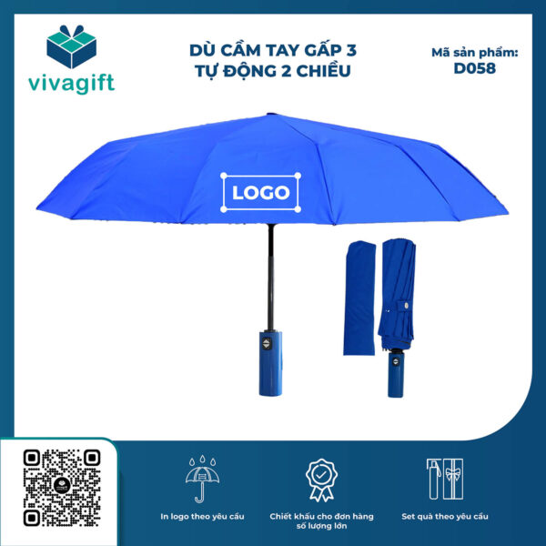 Ô Dù Gấp 3 Tự Động 2 Chiều Cán Nhựa D058 12 Kèo - Quatangviva.com
